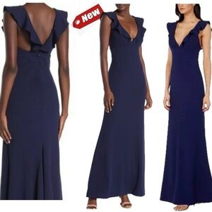Lulu’s navy blue ruffle frill V neckline sleeveless pleated mermaid maxi dress M